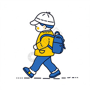戴着棒球帽背着蓝色书包走路的卡通男孩背景图片