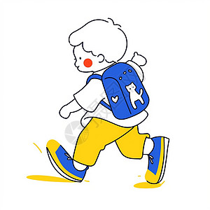 红白色红脸蛋背着蓝色书包走路的卡通男孩插画