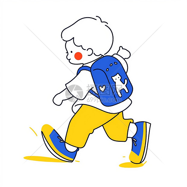 红脸蛋背着蓝色书包走路的卡通男孩图片