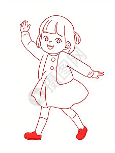 穿着红鞋子开心跳舞的卡通小女孩线稿图片