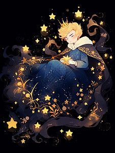 夜晚头戴皇冠怀抱着星星的可爱卡通小王子图片