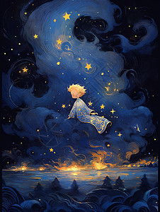 金发在天空飞舞的可爱卡通小男孩图片