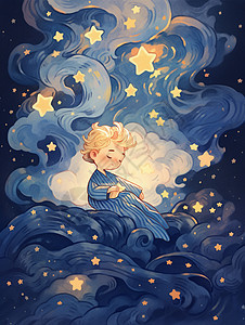 睡在云朵上的可爱卡通小男孩图片