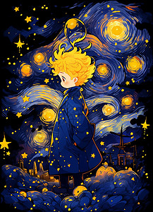 夜晚金发可爱的卡通男孩站在云朵上图片