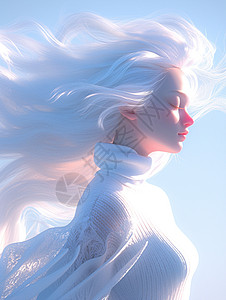 在阳光下白色长发被风吹起的卡通女人图片