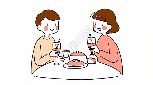 吃晚餐喝饮料开心笑的卡通情侣图片