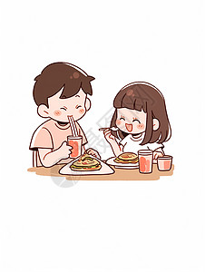在家吃饭一起开心吃饭的可爱卡通情侣插画