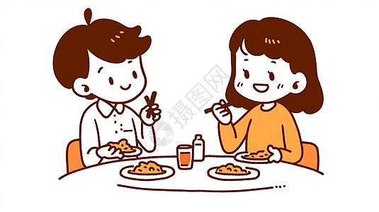 正在开心吃饭的可爱卡通情侣图片