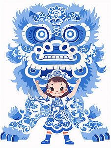 传统习俗舞狮蓝色调卡通插画图片