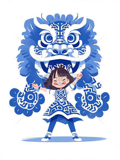 穿着青花瓷蓝调服装开心舞狮的可爱卡通小女孩图片