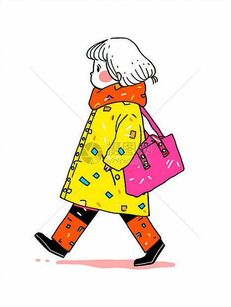 背着玫红色包穿着黄色外套悠闲走路的卡通小女孩图片