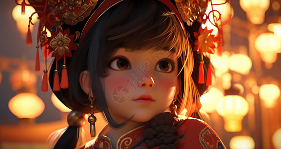 穿着喜庆的古风装扮卡通女孩在欣赏花灯背景图片