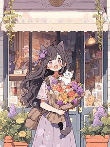 抱着一束鲜花与宠物猫一起开心笑的卡通女孩图片