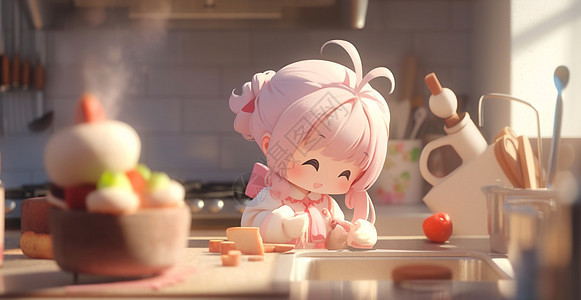 粉色头发开心笑的立体可爱卡通小女孩在厨房做饭图片