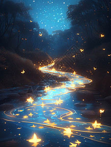 夜晚深山中有很多发光小星星的卡通小河背景图片