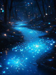林深处一条梦幻的卡通小溪飞着很多蓝色发光的卡通蝴蝶图片