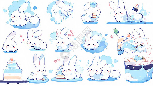 可爱卡通小白兔各种动作蓝色调背景图片