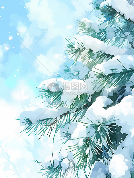 翠绿的松树枝落满白白的雪卡通风景图片