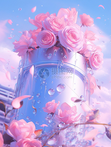 一桶水灵灵的粉色卡通玫瑰花图片