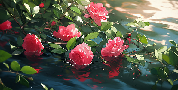 水中几朵漂亮的卡通红色玫瑰花图片