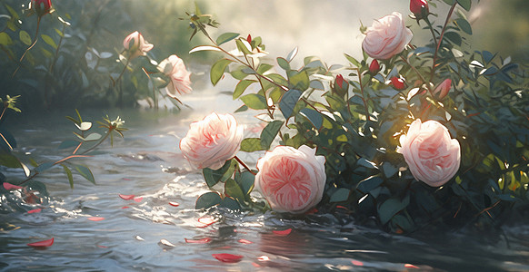 红玫瑰在小河中漂亮美丽的粉色卡通玫瑰花插画