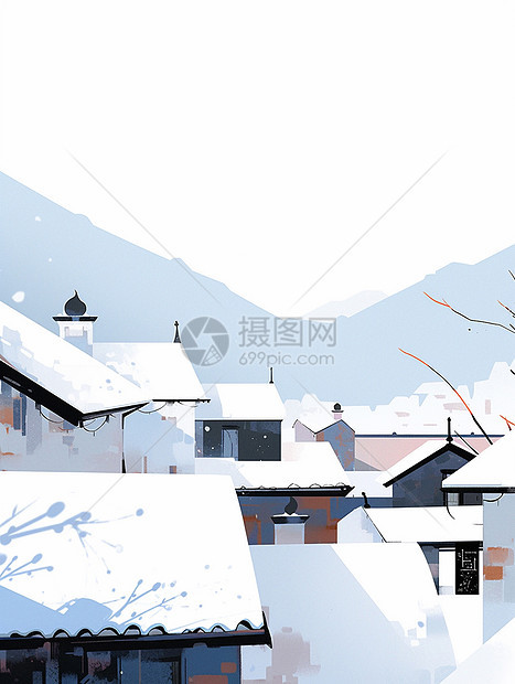 大雪中漂亮的唯美的卡通村庄图片
