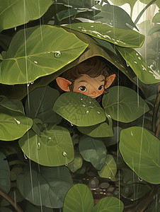 春天雨中躲在树叶下的卡通小朋友图片