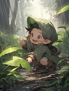 可爱的卡通小女孩在雨中开心玩耍背景图片