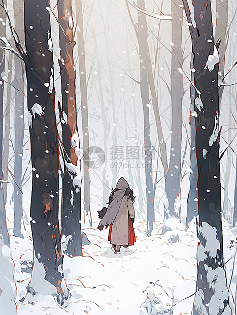 冬天大雪走在森林中小小的卡通人物背影图片