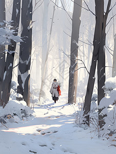 冬天雪后在森林中小路行走的卡通人物图片
