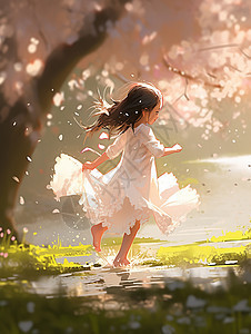 春天穿着白色小裙子奔跑在小溪中的卡通小女孩图片