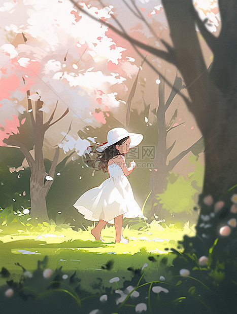 春天戴着白色帽子光脚走在草地上的卡通小女孩图片