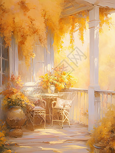 梦幻唯美的暖色调卡通阳台上放着两把椅子和桌子背景图片