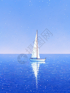 一艘小小的白色帆船在蓝色大海上背景图片
