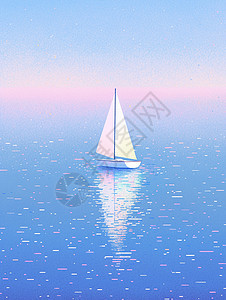 在大海上一艘小小的白色卡通帆船与倒影图片