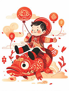 新年骑着红色瑞兽穿着喜庆的可爱卡通小朋友背景图片