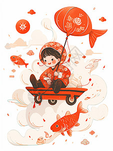 年俗年画坐在红色小车上手拿鱼尾灯笼在祥云间穿梭的可爱卡通小朋友插画