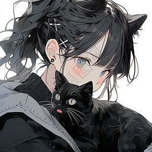 抱着黑色宠物猫戴着猫耳朵发卡的可爱卡通女孩图片