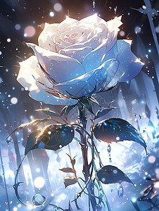 蓝色妖姬夜晚雨中梦幻漂亮的卡通玫瑰花插画