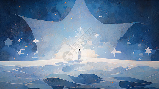 站在大海上面向星星的卡通人物背影梦幻插画背景图片