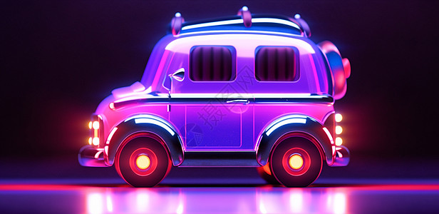紫色霓虹光漂亮的卡通小汽车背景图片