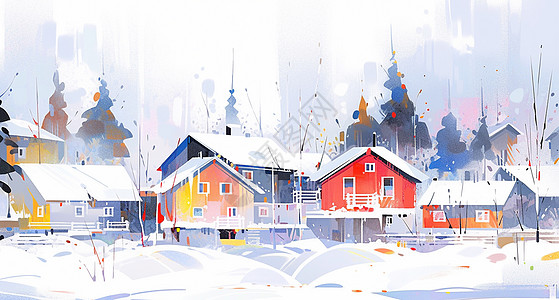 冬天雪后抽象漂亮的卡通小村庄高清图片