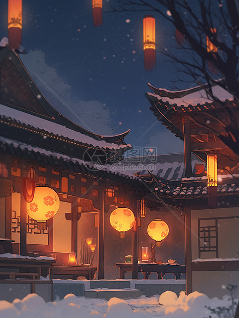 夜晚落满雪的古风卡通建筑挂着很多红色喜庆的卡通灯笼图片