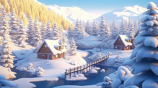 冬季雪山小屋冬景背景图片