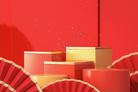 红色banner新年展台场景设计图片
