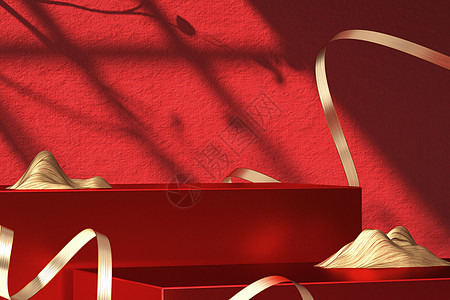 红色丝带背景红色光影展台设计图片