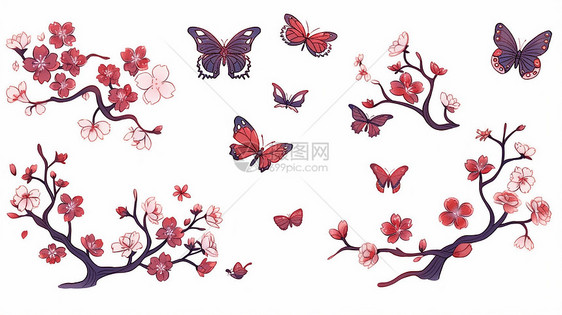 盛开的桃花枝与美丽蝶飞舞的蝴蝶卡通插画图片