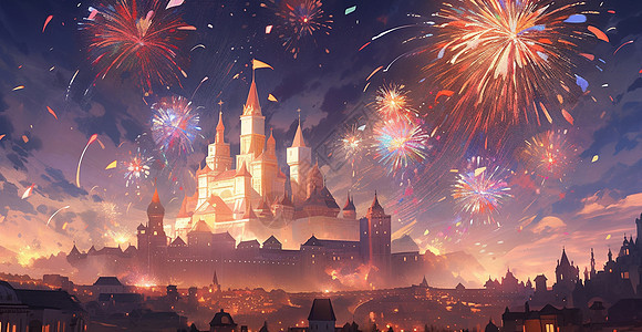 夜晚喜庆迎新年放烟花的卡通城堡背景图片