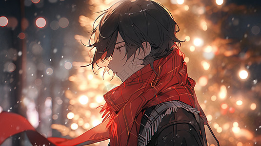 夜晚参加新年活动围着红围巾的卡通男孩侧面图片