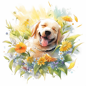 伸舌头开心笑的可爱卡通小狗水彩画图片